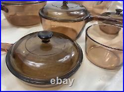 11 Pc Corning Ware Visions Amber Cookware Pots Pans Skillets Lids Lot Set Pyrex