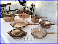 12 Piece Vintage Pyrex VISION Corning Ware Cookware. Amber Glass Pots Pans Bowls