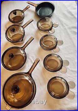 17 Pc VTG Corning Ware Visions Amber Cookware Pots Pans Skillet Lids Lot Pyrex