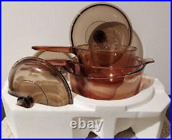 1980's NEW OLD STOCK Corning ware Pyrex Vision Amber Glass pot 3 set Cookware