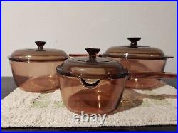 1980's NEW OLD STOCK Corning ware Pyrex Vision Amber Glass pot 3 set Cookware