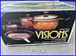 1986 Corning Visions Amber Cookware 7 Piece Set V-370-N New Open Box Vtg