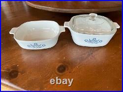 2 Vintage Corning Ware Blue Cornflower 1Q and 1 1/2Q casserole dishes with 1 lid