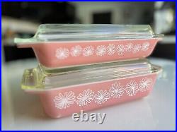 2 Vintage Stacking PYREX PINK DAISY Flower Space Saver Casseroles With Lids