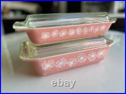 2 Vintage Stacking PYREX PINK DAISY Flower Space Saver Casseroles With Lids