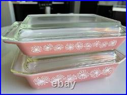 2 Vintage Stacking PYREX PINK DAISY Flower Space Saver Casseroles With Lids