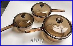 4 Piece Vtg Pyrex Visions Amber Glass Cookware Corning Ware all with lids
