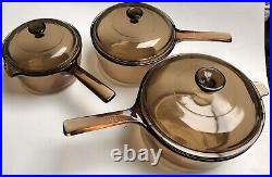 4 Piece Vtg Pyrex Visions Amber Glass Cookware Corning Ware all with lids