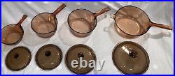 8 Piece Vtg Amber Pyrex Visions Glass Cookware Corning Ware Pans all with lids