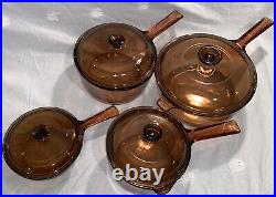 8 Piece Vtg Amber Pyrex Visions Glass Cookware Corning Ware Pans all with lids