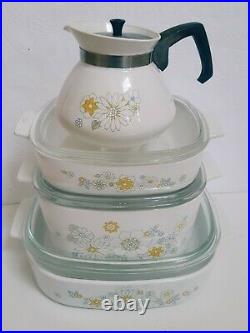 8 pc Set Vintage Corning Ware Floral Bouquet Casserole Dishes Teapot Pyrex Lids