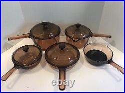 9pc. Corning Ware Visions Pryex Pots Pans Skillets Cookware AMBER Brown Set Lot