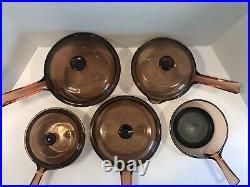9pc. Corning Ware Visions Pryex Pots Pans Skillets Cookware AMBER Brown Set Lot