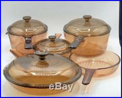 Beautiful Vintage CORNING WARE VISIONS Amber Glass Cookware (9 Piece Set)