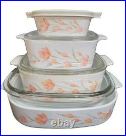 CORNING WARE PEACH FLORAL 8 pc CASSEROLE DISHES LIDS SET EUC