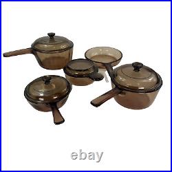 Corning Ware Visions Amber Glass Pyrex 9-Piece Cookware Pot Set With Lids VTG