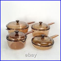 Corning Ware Visions Cookware Pyrex Amber 3 Saucepans Skillet Lids 8 Piece Set