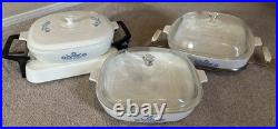 CorningWare vintage Blue Cornflower 3 Pots + Electromatic Skillet, Brass Trivet CorningWare vintage Blue Cornflower 3 Pots + Electromatic Skillet, Brass Trivet