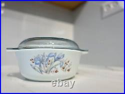EXTREMELY RARE VINTAGE Corning Ware Pyrex Casserole Dish Blue Iris with lid