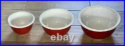 HTF- Vintage CorningWare Stoneware Nesting Mixing Bowls-Set Of 3- Red & White