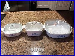 Lot of 3 Vintage Corning Ware Blue Cornflower Baking Casserole Dish with Lids