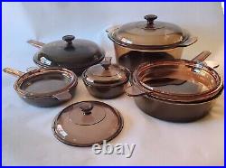 Mixed Set 9 Visions CorningWare Pyrex Brown Glass Teflon Cookware & Lids READ