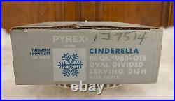 NIB Vintage Pyrex White withTurquoise Snowflake Divided Casserole withLid (1.5 QT)