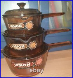 New Set 3 Vintage Retro Vision Pans Corning Amber Glass Saucepans French