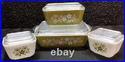 Pyrex Spring Blossom Crazy Daisy 8PC Set 501, 501, 0502, 0503 Green and White