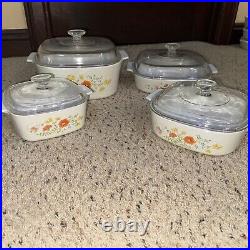 Rare Vintage Corning Ware Set Of 4 Wild Flowers With Lids