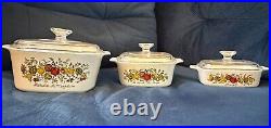 Rare vintage corning ware 3-pc spice of life set with lids