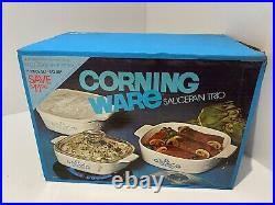 VINTAGE CORNING WARE 6 PIECE COVERED SAUCE PAN TRIO BLUE CORN FLOWER NEW WithBOX