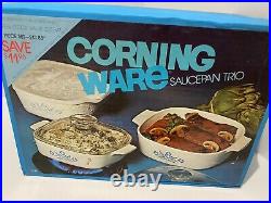 VINTAGE CORNING WARE 6 PIECE COVERED SAUCE PAN TRIO BLUE CORN FLOWER NEW WithBOX