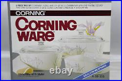 VINTAGE CORNING WARE SHADOW IRIS 6pc TRIO SET MINT IN SEALED BOX 1986 RARE FIND