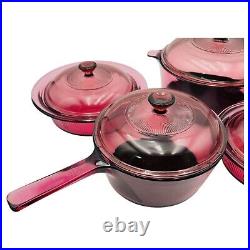 VISIONS Cranberry Corning Ware Glass Cookware Saucepan Dutch Ov VTG 10 Piece