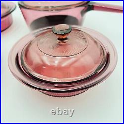 VISIONS Cranberry Corning Ware Glass Cookware Saucepan Dutch Ov VTG 10 Piece