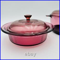 VISIONS Cranberry Corning Ware Glass Cookware Saucepan Dutch Ov VTG 10 Piece