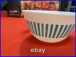 Very Rare VINTAGE Hazel Atlas turquoise candy stripe Milk Glass Bowl
