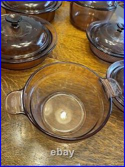 Vintage 11 PC Corning-Vision Ware Clear Amber/Brown Cookware Set With Lids