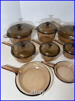 Vintage 14 Pc Corning Ware Visions Pyrex Pans Lids Skillet Cookware AMBER Brown