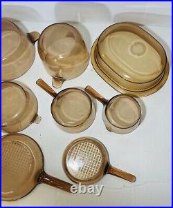 Vintage 14 Pc Corning Ware Visions Pyrex Pans Lids Skillet Cookware AMBER Brown