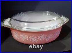 Vintage 1950s Pyrex Pink Daisy 045 Oval Casserole with Lid 2.5 Quarts