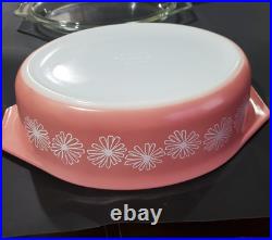 Vintage 1950s Pyrex Pink Daisy 045 Oval Casserole with Lid 2.5 Quarts