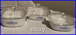 Vintage 1960's Corning Ware Blue Cornflower 3 Piece Set withoriginal Pyrex Lids