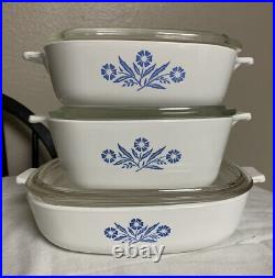 Vintage 1960's Corning Ware Blue Cornflower 3 Piece Set withoriginal Pyrex Lids