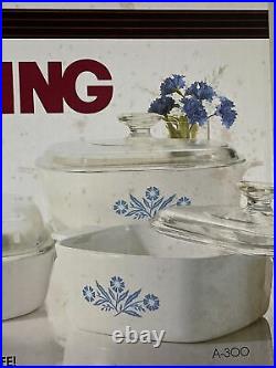 Vintage 1984 Corning Ware 6 Piece Kitchen Starter Set -Blue Cornflower- Open Box