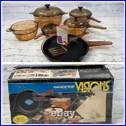 Vintage 1986 Corning Visions Range Top Cookware Amber 11 Piece Set V-500 NOS NOB