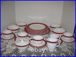 Vintage 24 pieces Corning Dinner Ware White milk glass WithRed Scalloped Border