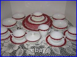 Vintage 24 pieces Corning Dinner Ware White milk glass WithRed Scalloped Border