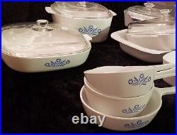 Vintage Blue Cornflower Corning Ware 60s and 70s set of 13 dishes 5 lids